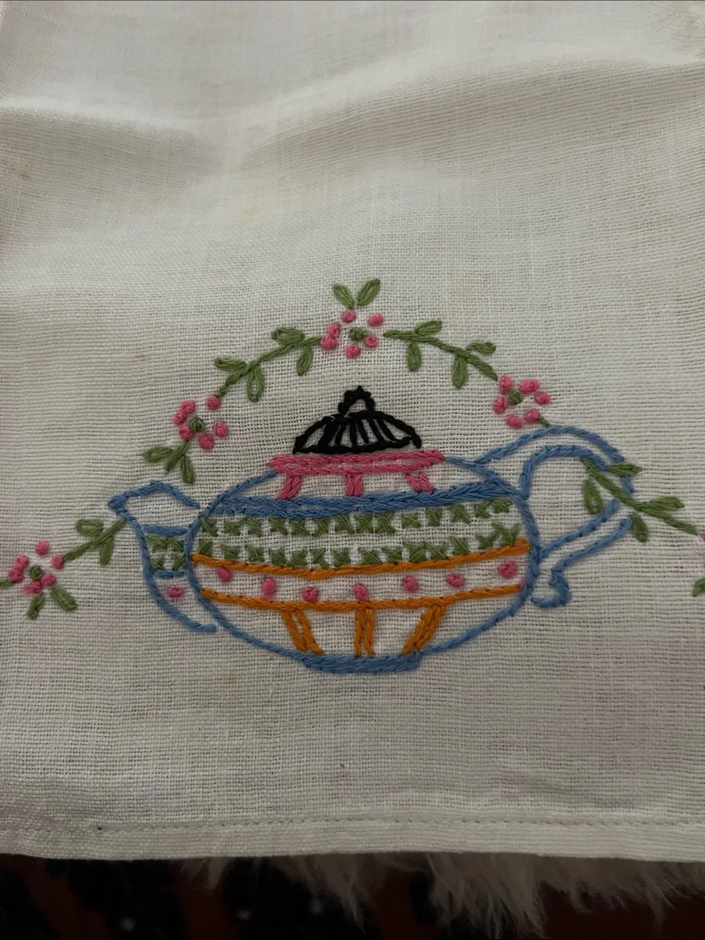 Embroidered White Cotton Tea Towel with Colorful Teapot Motif
